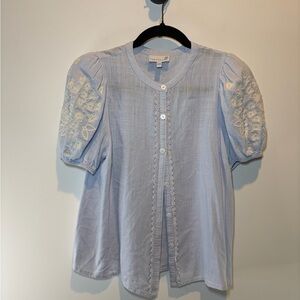 Cartolina Pale Blue Embroidered Puff Sleeve‎ Button-Front Blouse